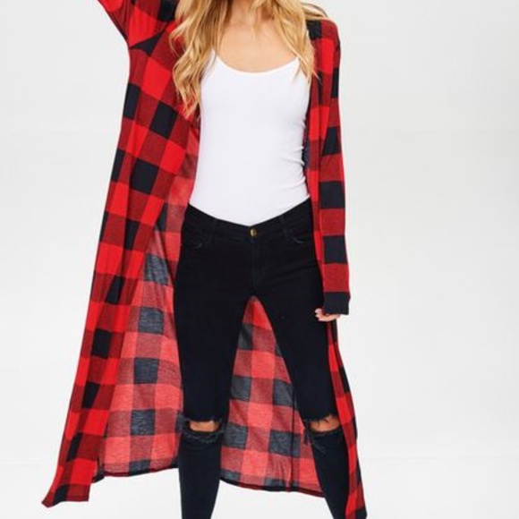Sweaters - Natalie Red Plaid Duster Cardigan
